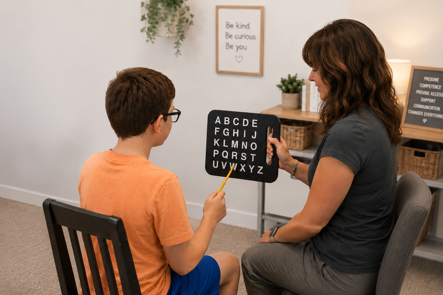 A student points to a letterboard during a session